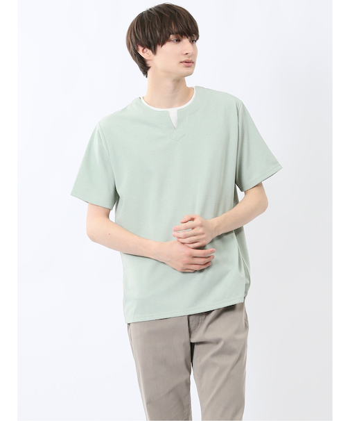 ヘリンボンジャガード キーネック半袖Tシャツ