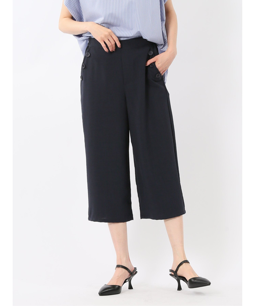 麻調合繊 ボタン付き クロップドパンツ(セットアップ可能)