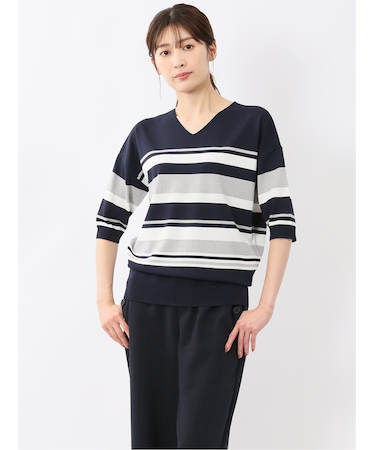 快適機能 ボーダー Vネック 半袖ニット