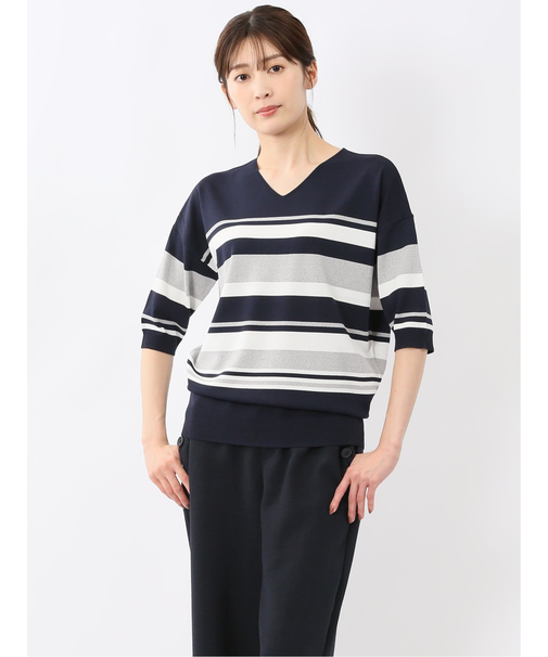 快適機能 ボーダー Vネック 半袖ニット