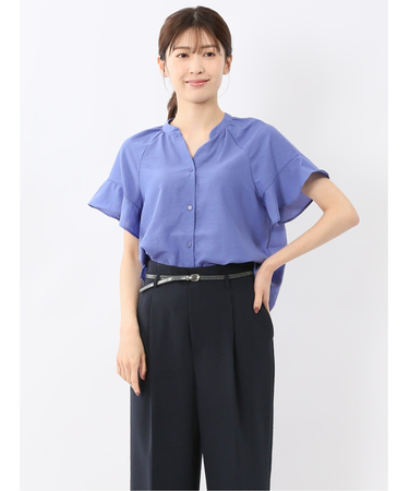 袖フリル前開き バンドカラーシャツ