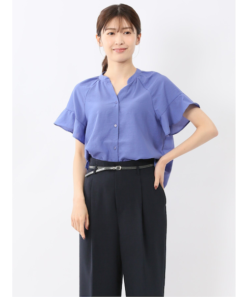 袖フリル前開き バンドカラーシャツ