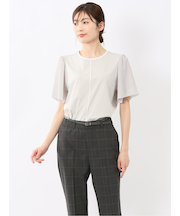 綿スムス クルーネック 袖シフォンTシャツ
