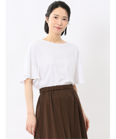 綿スムス クルーネック ラッフルスリープ Tシャツ