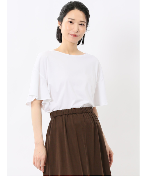 綿スムス クルーネック ラッフルスリープ Tシャツ