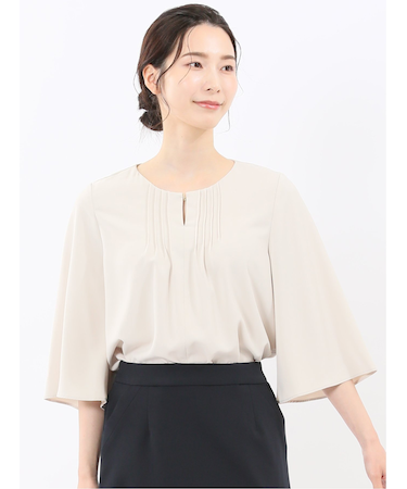 ピンタック 7分袖プルオーバーブラウス