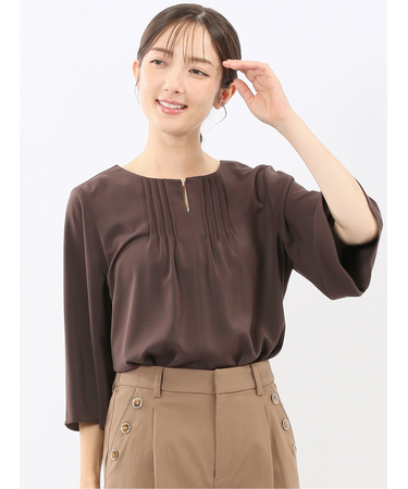 ピンタック 7分袖プルオーバーブラウス