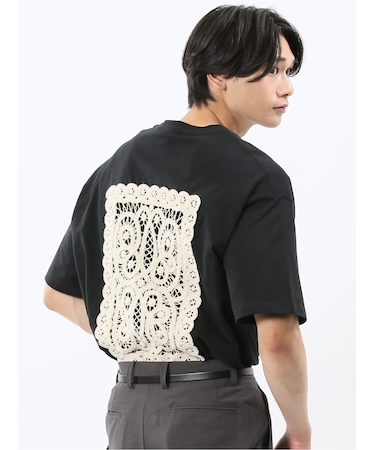 綿天竺 レース刺繍 クルーネック半袖Tシャツ