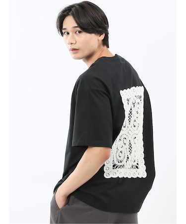 綿天竺 レース刺繍 クルーネック半袖Tシャツ