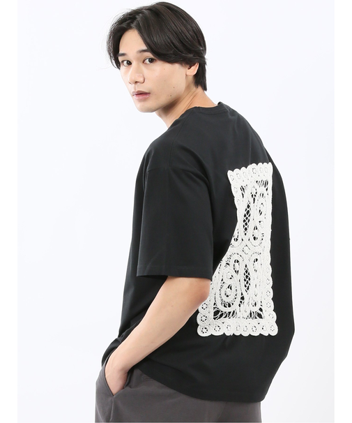 綿天竺 レース刺繍 クルーネック半袖Tシャツ