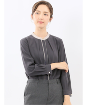 バンドカラー配色 比翼 長袖ブラウス