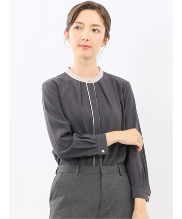 バンドカラー配色 比翼 長袖ブラウス