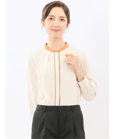 バンドカラー配色 比翼 長袖ブラウス