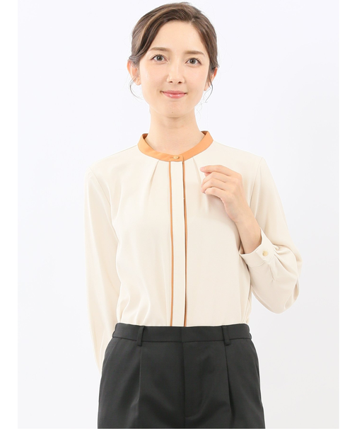 バンドカラー配色 比翼 長袖ブラウス