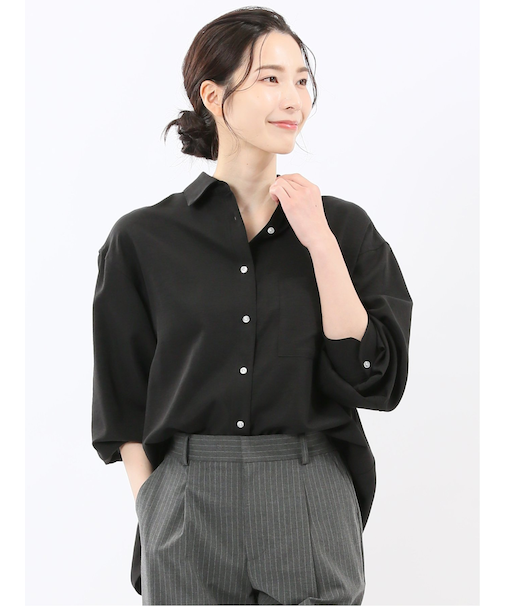 ストレッチ バックタック レギュラーカラー 長袖ブラウス