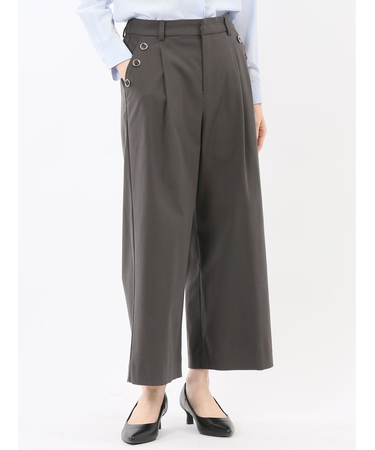 ストレッチ ボタン付き ワンタック ワイドパンツ
