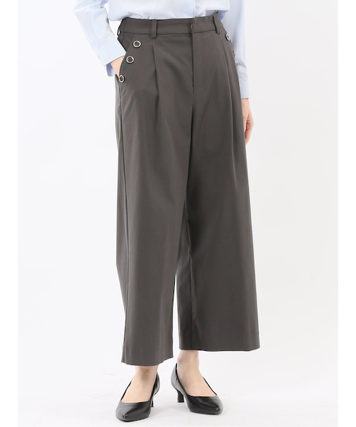 ストレッチ ボタン付き ワンタック ワイドパンツ