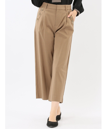 ストレッチ ボタン付き ワンタック ワイドパンツ