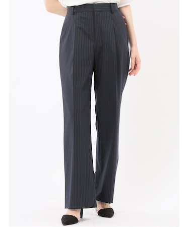 ストレッチウォッシャブル ピンスト タックワイドパンツ 紺(セットアップ可能)