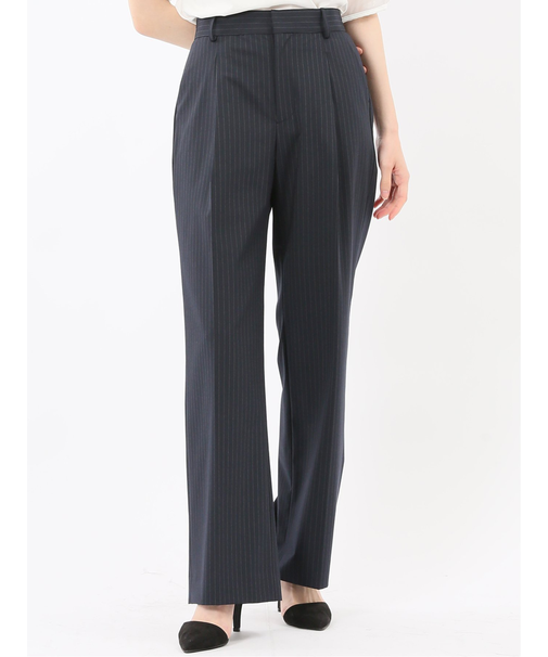 ストレッチウォッシャブル ピンスト タックワイドパンツ 紺(セットアップ可能)