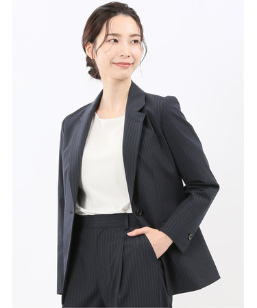 ストレッチウォッシャブル ピンスト リラクシング 1ボタンジャケット 紺(セットアップ可能)