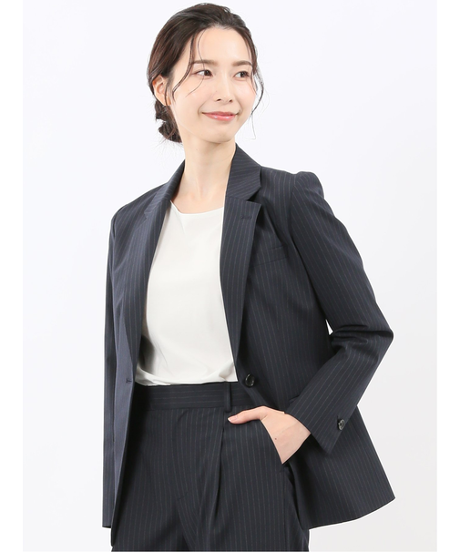 ストレッチウォッシャブル ピンスト リラクシング 1ボタンジャケット 紺(セットアップ可能)