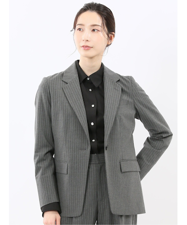 ストレッチウォッシャブル ピンスト リラクシング 1ボタンジャケット グレー(セットアップ可能)