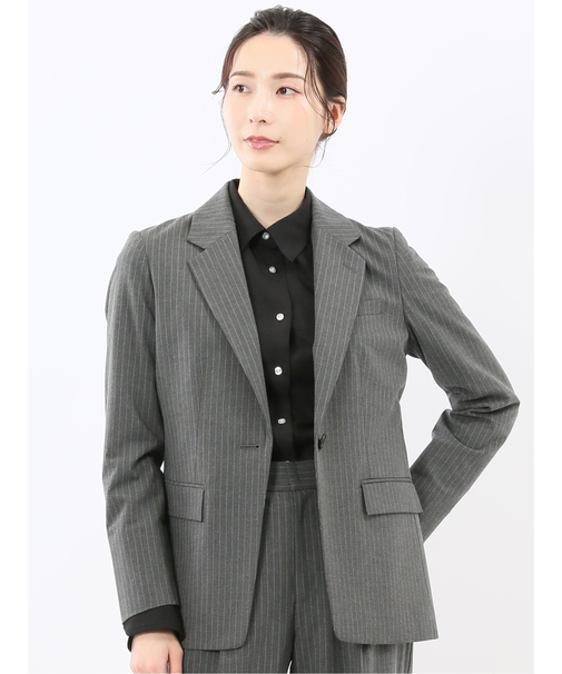 ストレッチウォッシャブル ピンスト リラクシング 1ボタンジャケット グレー(セットアップ可能)