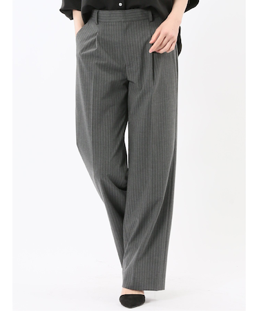 ストレッチウォッシャブル ピンスト タックワイドパンツ グレー(セットアップ可能)