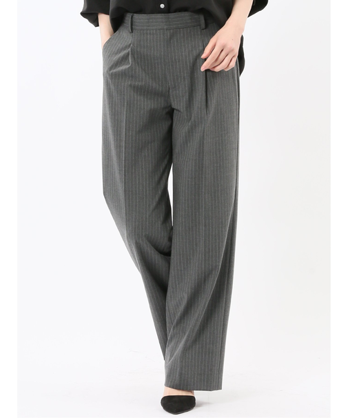 ストレッチウォッシャブル ピンスト タックワイドパンツ グレー(セットアップ可能)