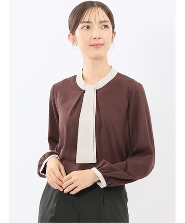 配色ボウタイ 長袖プルオーバーブラウス