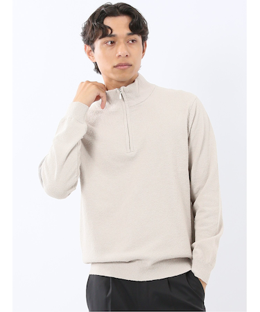 ウォッシャブル ブークレ ハーフジップニット