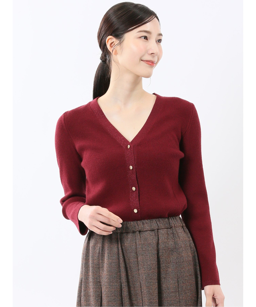 ハンドウォッシャブル ラメリブ Vネック ニットカーディガン