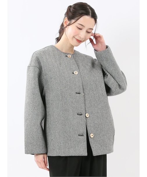 ツイード調ボンディング ノーカラーブルゾン