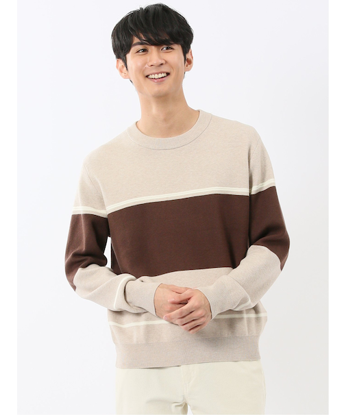 ウォッシャブル ストレッチ 配色切替 クルーニット