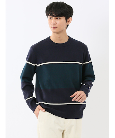 ウォッシャブル ストレッチ 配色切替 クルーニット