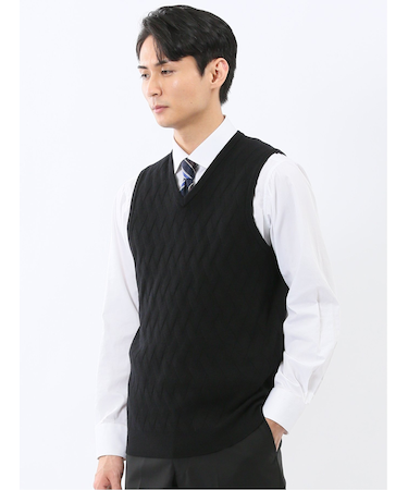 ウォッシャブル ウール混 寄せ柄 プルオーバーベスト