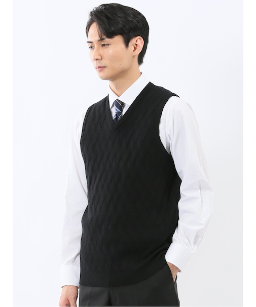 ウォッシャブル ウール混 寄せ柄 プルオーバーベスト