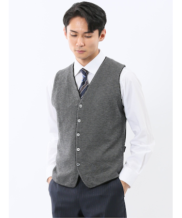 ウォッシャブル ウール混 バーズアイ 前開きベスト
