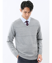 ウォッシャブル ウール混 パネルボーダー Vネックニット