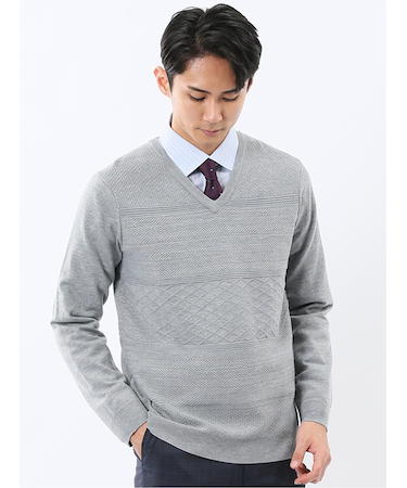 ウォッシャブル ウール混 パネルボーダー Vネックニット