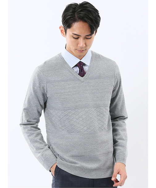 ウォッシャブル ウール混 パネルボーダー Vネックニット