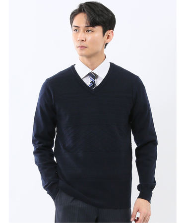 ウォッシャブル ウール混 パネルボーダー Vネックニット