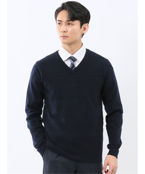 ウォッシャブル ウール混 パネルボーダー Vネックニット