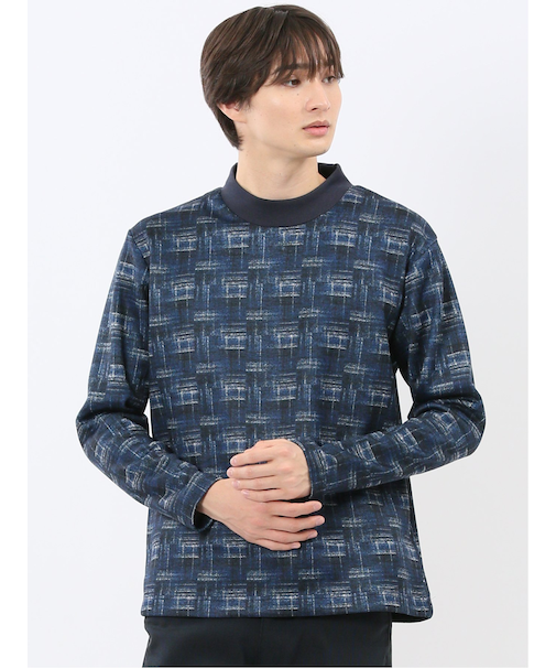 裏起毛チェック モックネック長袖Tシャツ