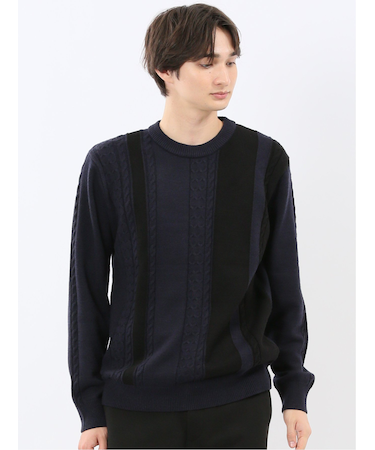 ウォッシャブル ストレッチ 編地切替 クルーニット