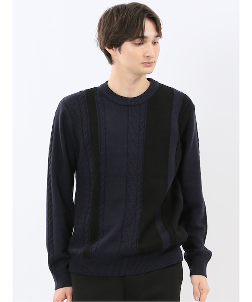 ウォッシャブル ストレッチ 編地切替 クルーニット