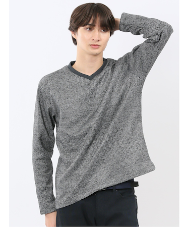 裏起毛ヘリンボン 浅Vネック長袖Tシャツ