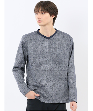 裏起毛ヘリンボン 浅Vネック長袖Tシャツ