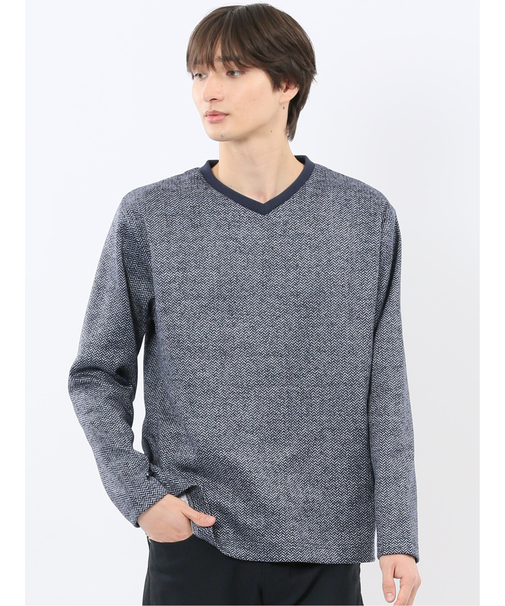 裏起毛ヘリンボン 浅Vネック長袖Tシャツ